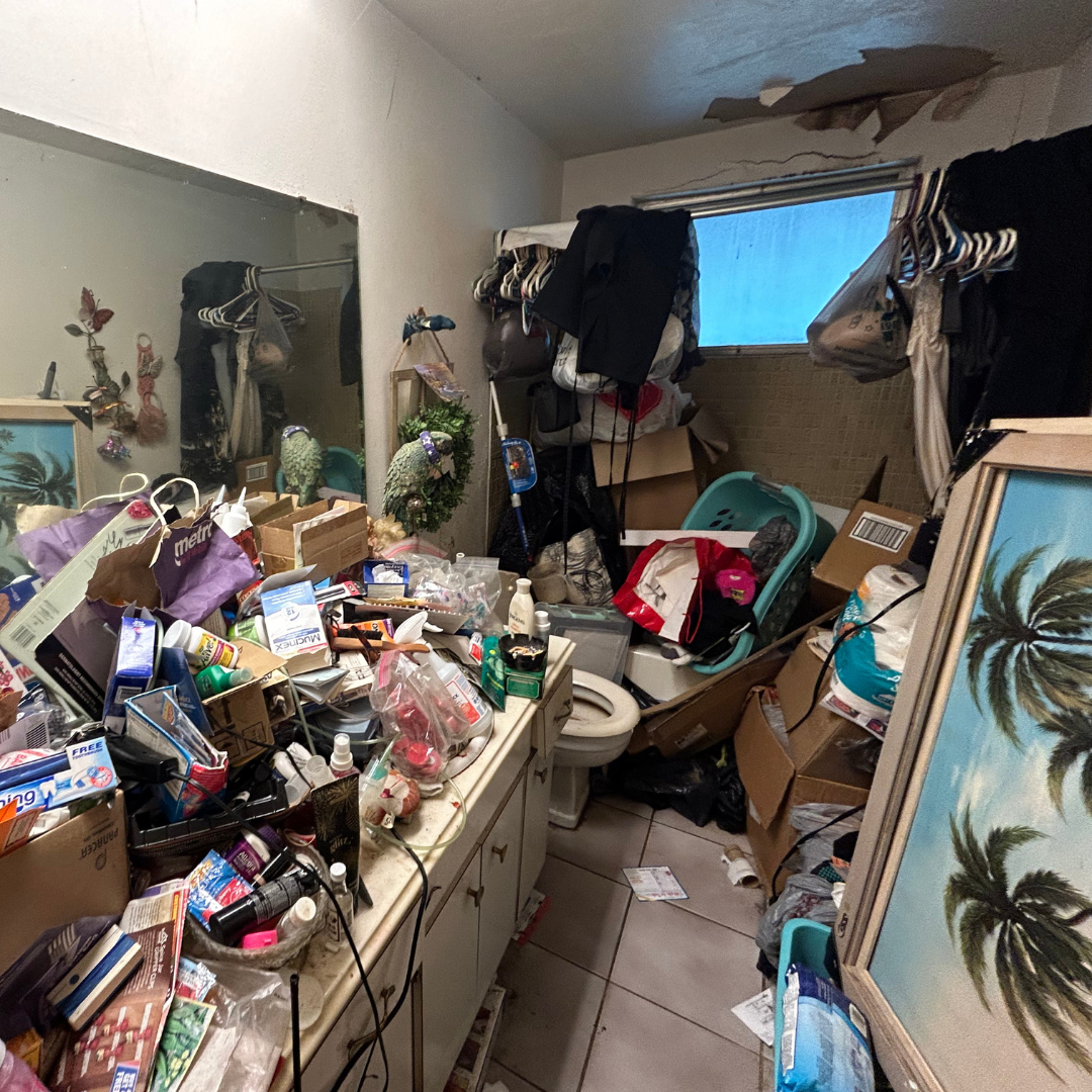 Modern Real Estate Promotion Instagram Post (20) Cluttered, damaged bathroom filled with personal items—example of a home sold as-is, no repairs or clean-out required.