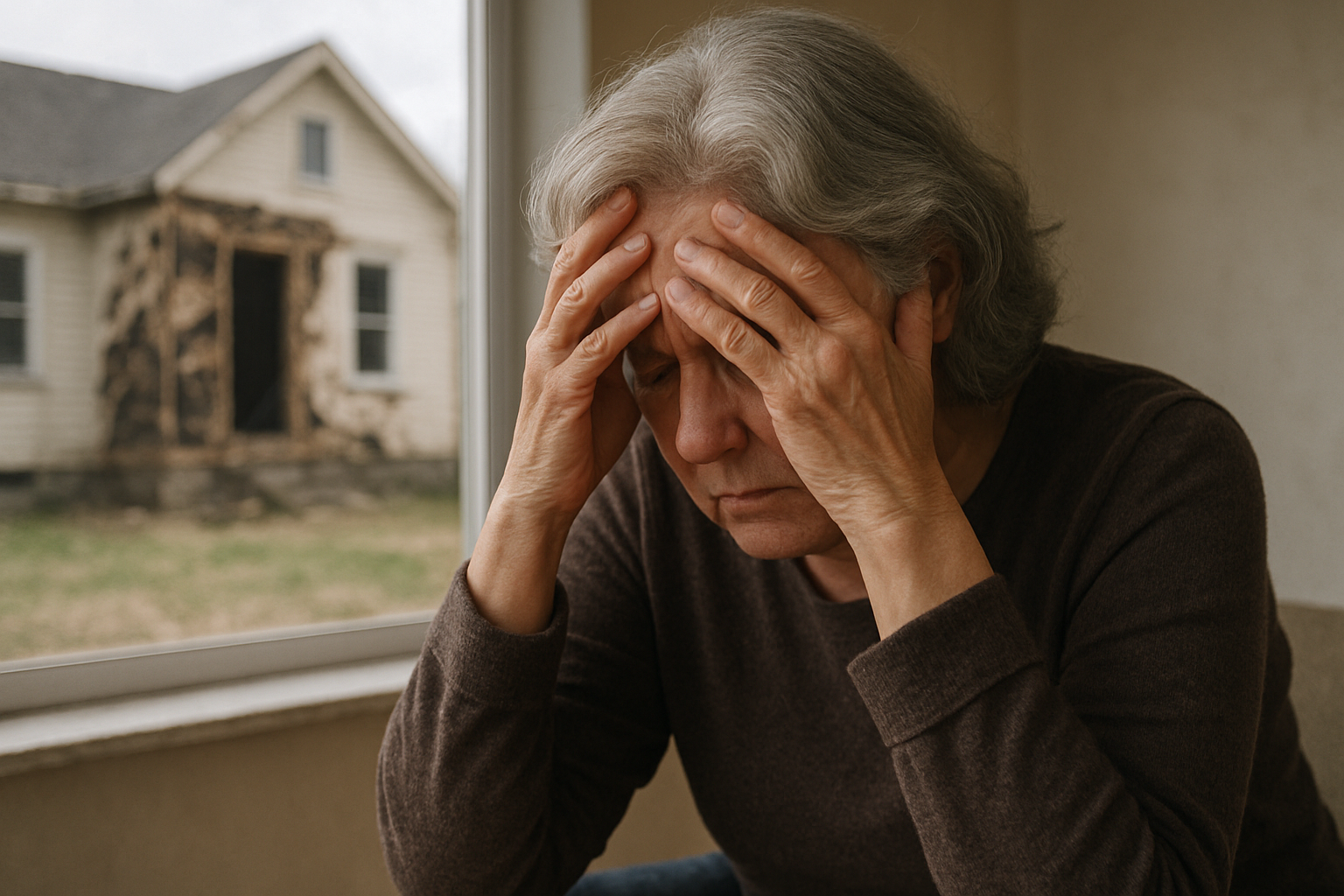 Overwhelmed Homeowner Facing Costly Repairs Elderly woman sitting with her head in her hands, looking overwhelmed as a damaged house is visible through the window.